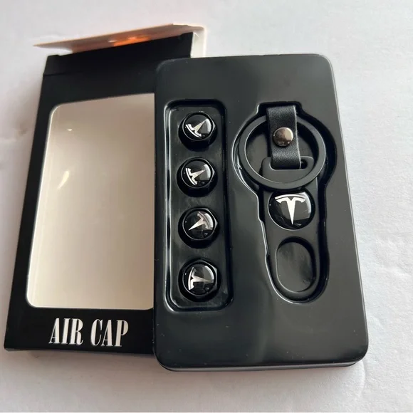 Car Wheels Tire Valve Dust Stem Air Cap Cover + Keychain Ring With Tesla Logo Bk - Picture 4 of 10